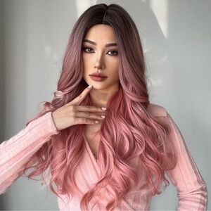 New fashion pink long curly hair wig New